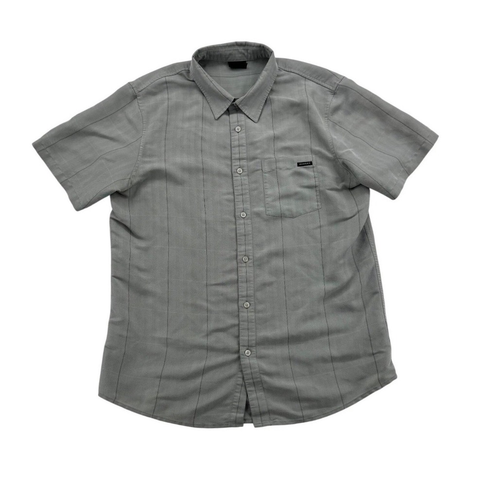 Oakley Button Up Shirt Mens Large Grey Fair Herringbone Pinstripe Short Sleeve